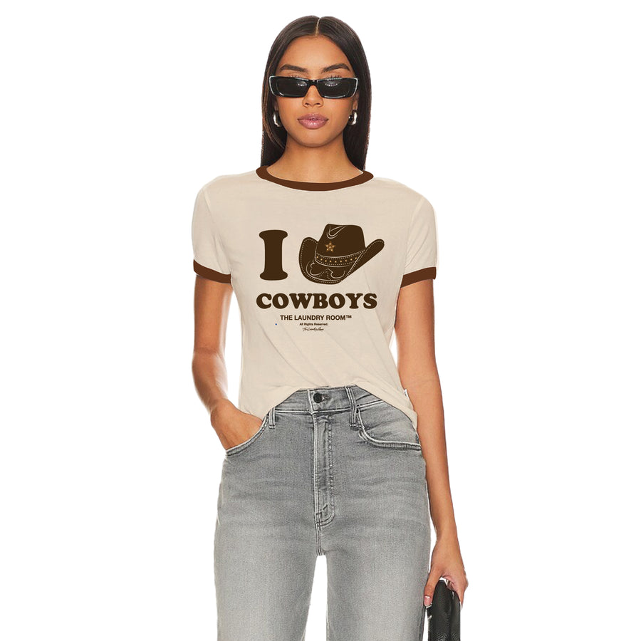 I Heart Cowboys - Perfect Ringer Tee - Bone & Brown