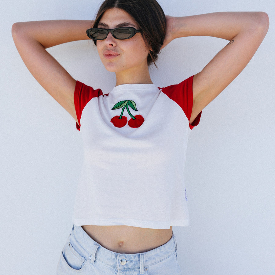 Cherries Embroidery - Raglan Baby Tee - Bone & Cherry - The Laundry Room