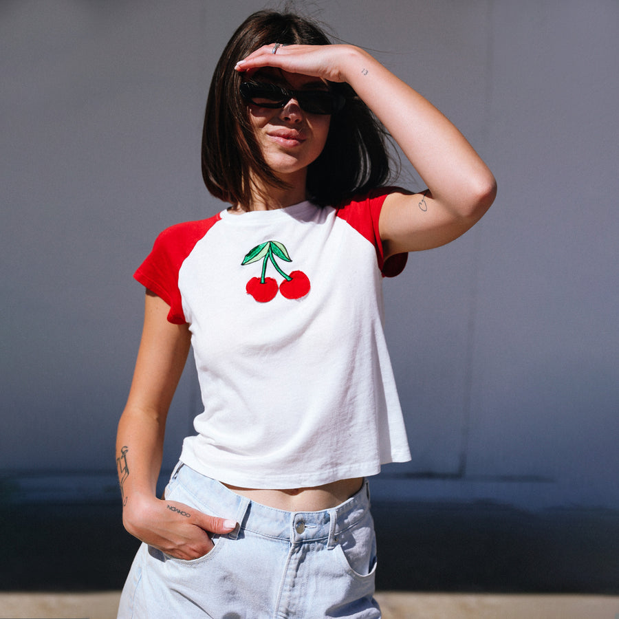 Cherries Embroidery - Raglan Baby Tee - Bone & Cherry - The Laundry Room