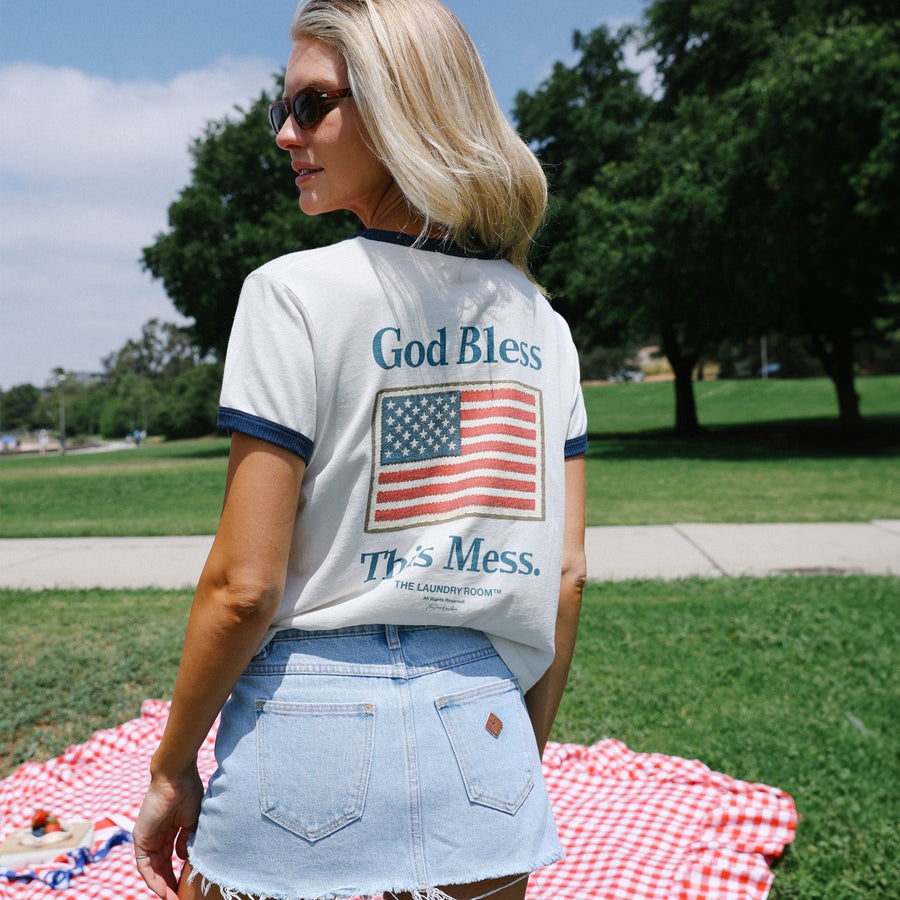 God Bless This Mess Flag - Perfect Ringer Tee - Bone & Navy Snow - The Laundry Room