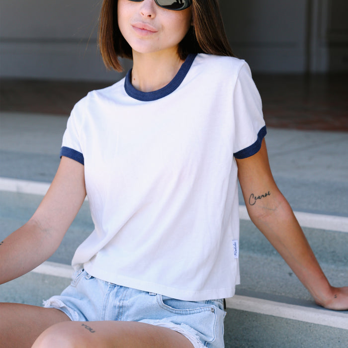 Essentials - Perfect Ringer Tee - Bone & Navy Snow - The Laundry Room
